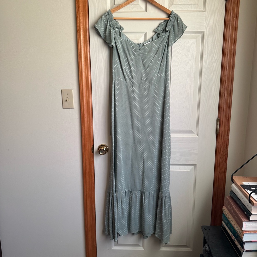 Reformation Sage Green polka dotted Off-Shoulder Maxi Dress